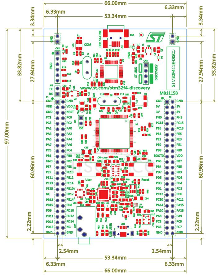 STM32F411E-DISCO board dimensions