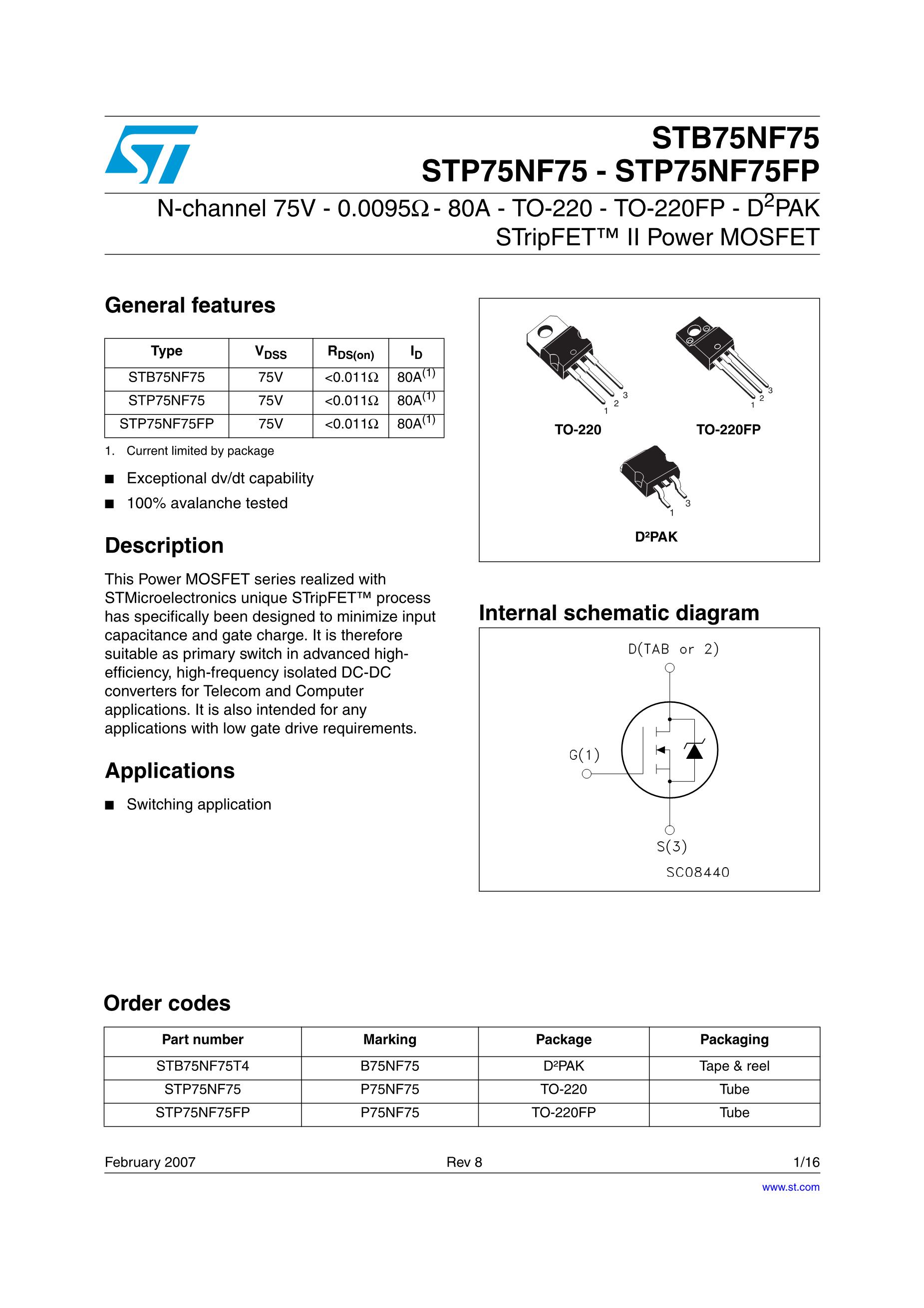 STMICROELECTRONICS STP75NF75's pdf picture 1