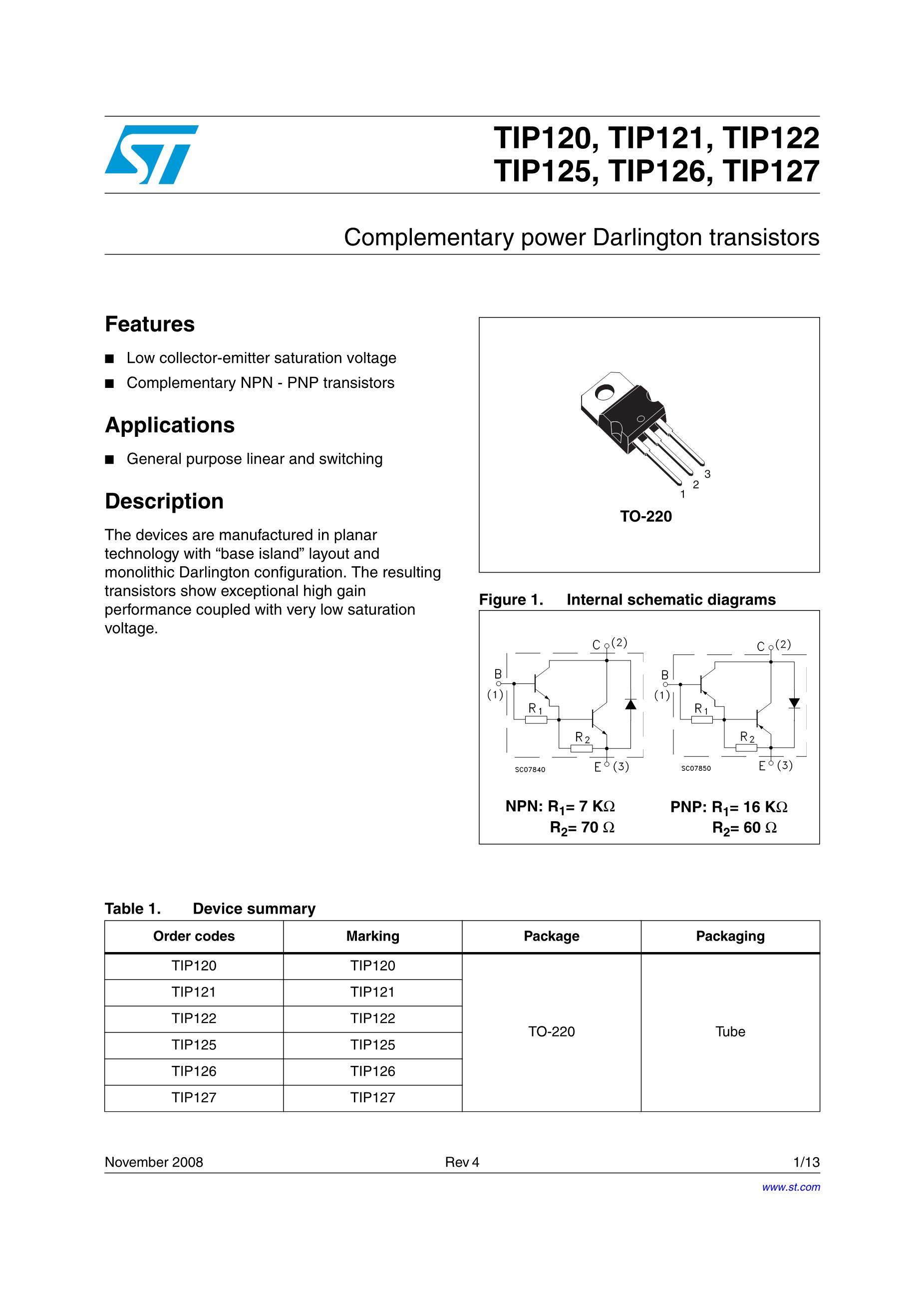 STMICROELECTRONICS TIP122's pdf picture 1