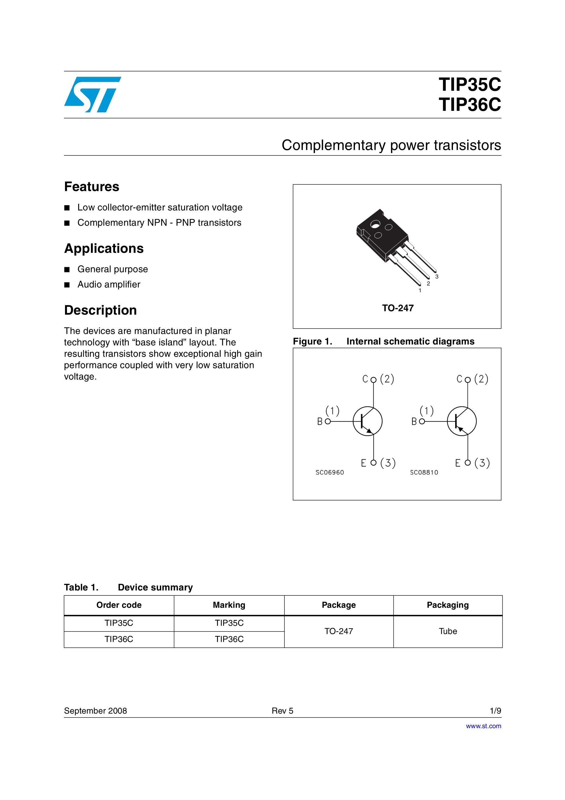 STMICROELECTRONICS TIP35C's pdf picture 1