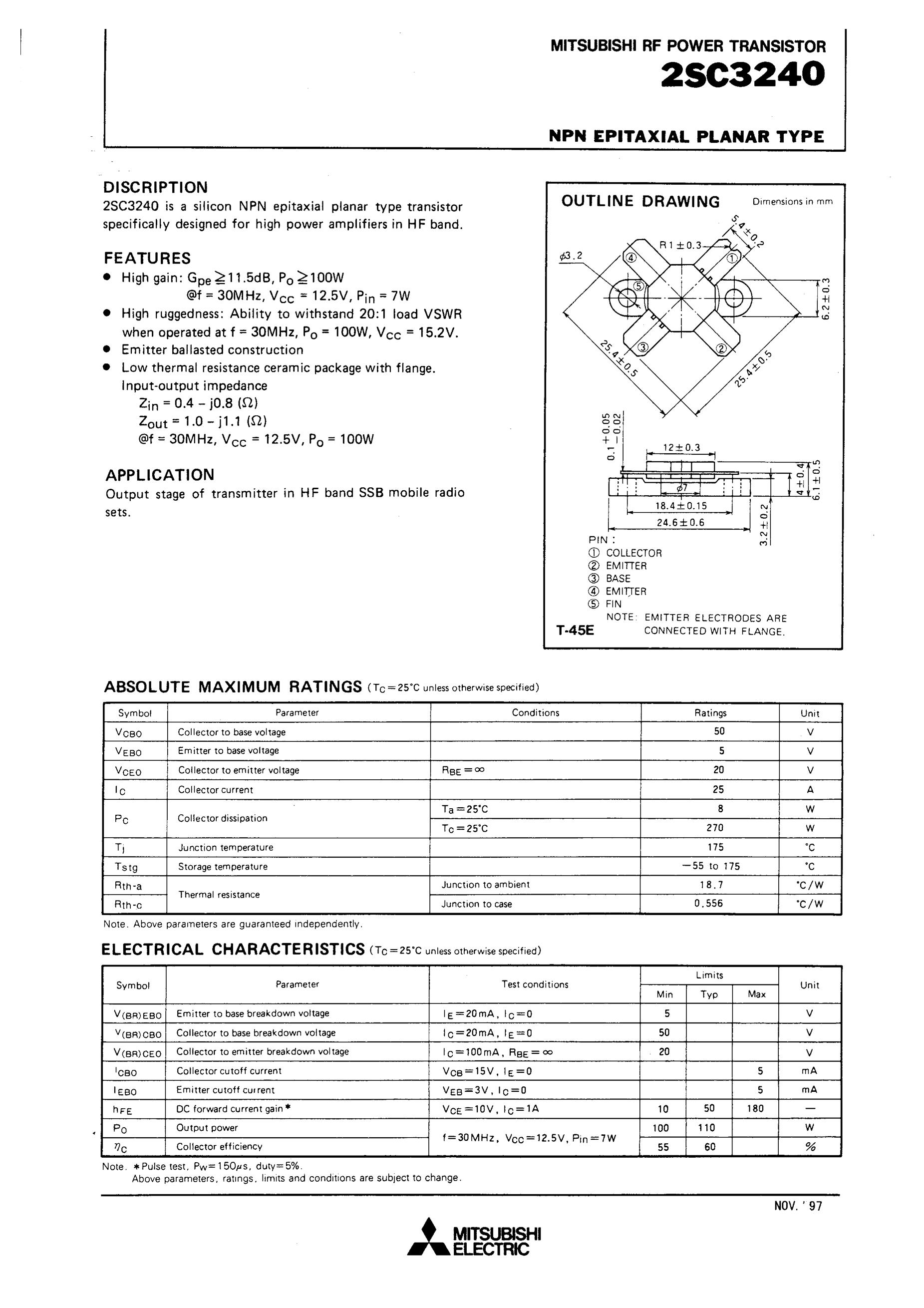 2SC3240 データシート(PDF) - Mitsubishi Electric Semiconductor
